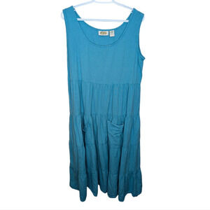 Vintage Collections Etc. Blue Cotton Linen Blend Sleeveless Midi Tiered Dress L